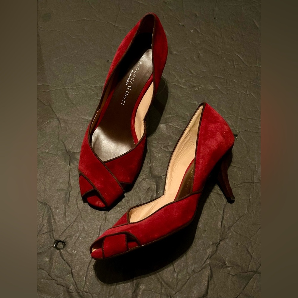 Vtg 40s Style Red Suede Marioluca Giusti Leather Peep Toe Heel Pump Shoes 38 7